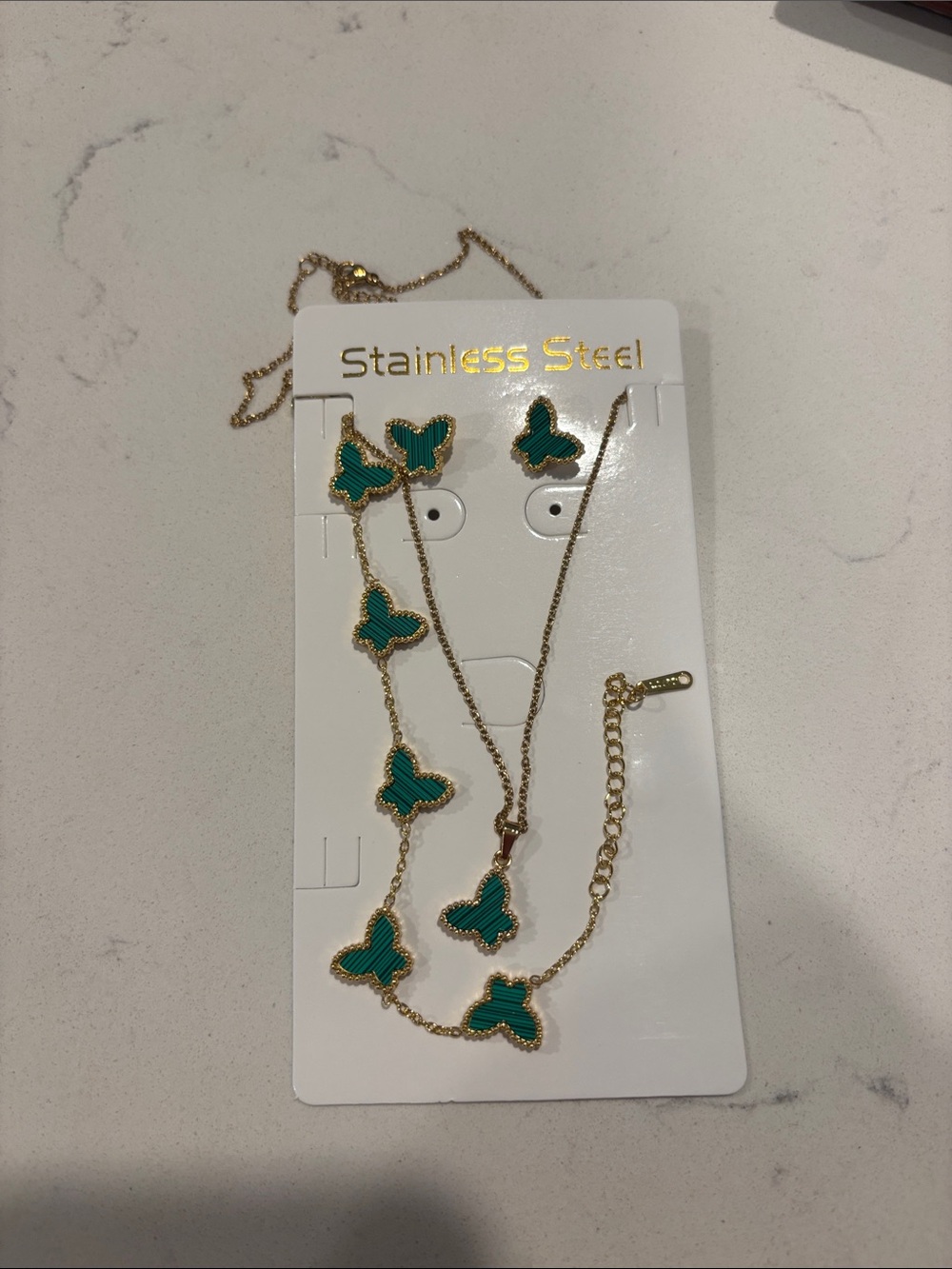 Gold-Tone Stainless Steel Green Butterfly Necklace, Bracelet and Earrings Set